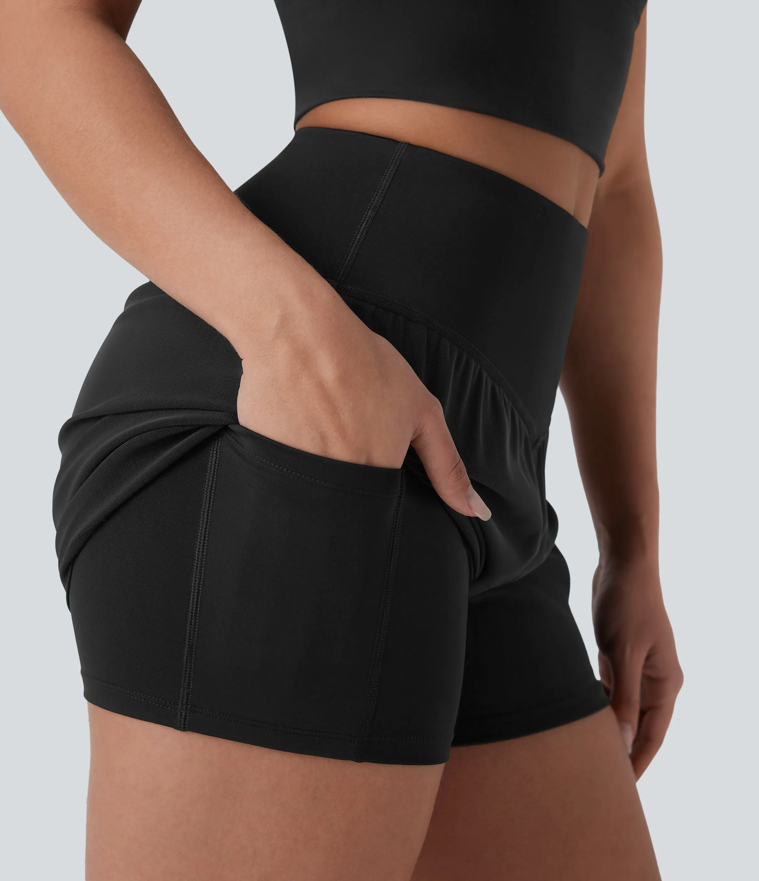 Halara Shorts de yoga 2 en 1 de tiro alto con bolsillo lateral y malla en contraste de 7,62cm - Black - L sold by Halara product image thumbnail 5