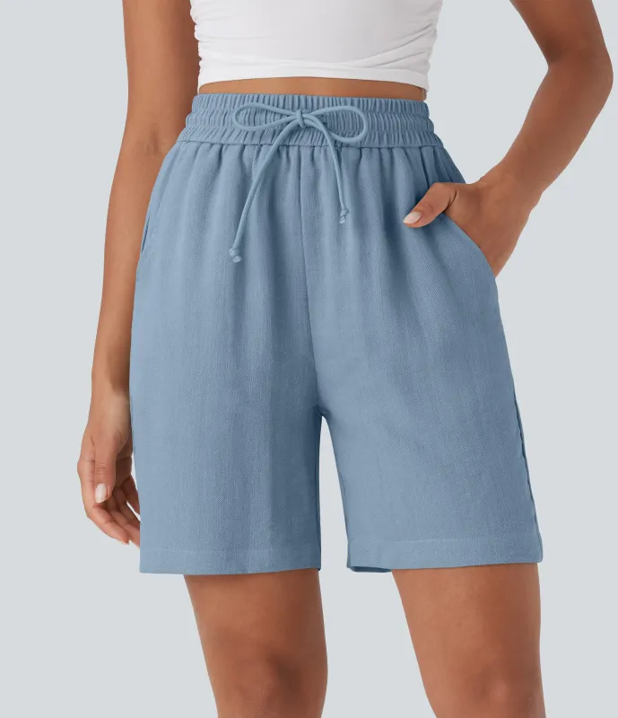 Halara Shorts casuales de lino con tiro alto y cordón ajustable con bolsillos laterales - Mountain Spring - L sold by Halara