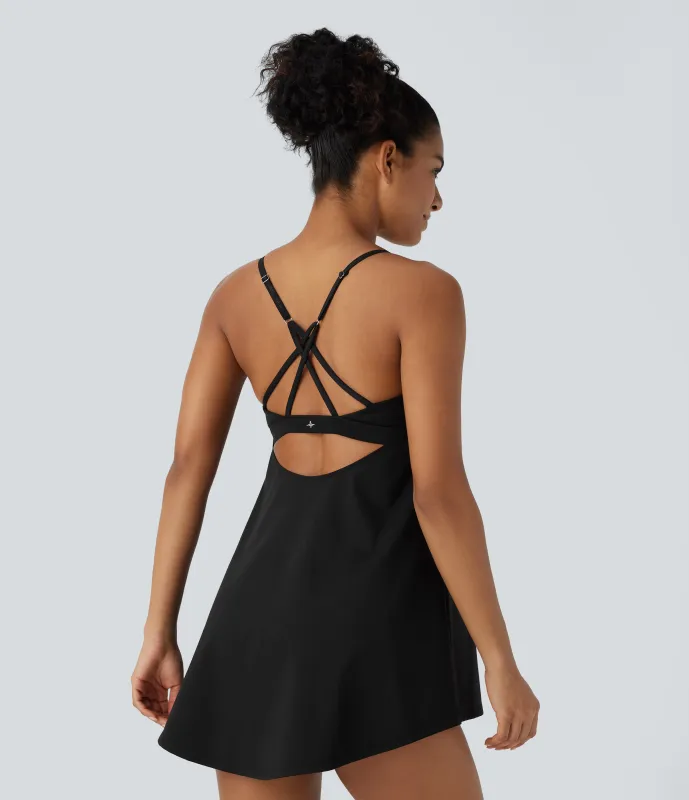 Halara Vestido mini de yoga Softlyzero™ de dos piezas con tirantes ajustables, espalda descubierta cruzada con tacto fresco y bolsillos - UPF 50+ - Black - S sold by Halara