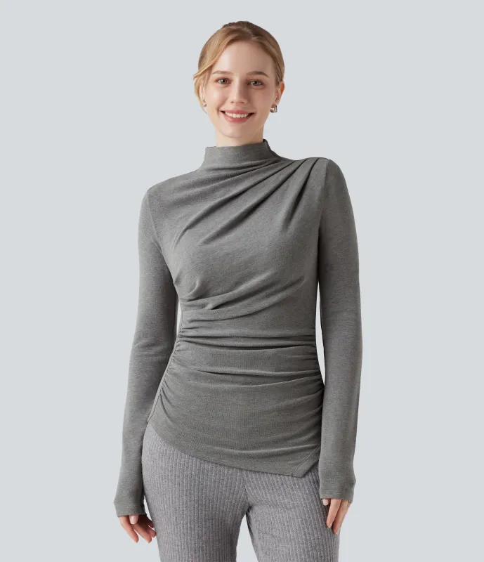 Halara Top casual térmico de cuello alto de manga larga con dobladillo asimétrico fruncido - Mottled Cloud Grey - XS sold by Halara