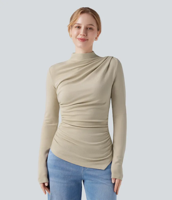 Halara Top casual térmico de cuello alto de manga larga con dobladillo asimétrico fruncido - Brown Rice - M made by Halara