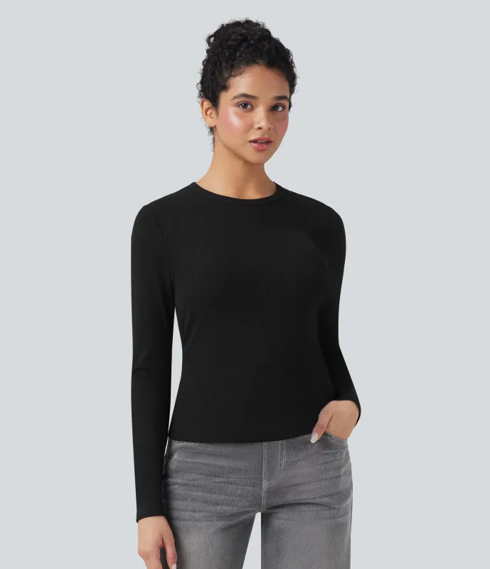 Halara Top casual de manga larga con cuello redondo y punto acanalado - Black - S sold by Halara