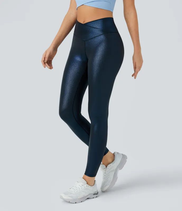 Halara Leggings Softlyzero™ de cuero sintético metalizados ultra elásticos con bolsillos traseros - Shiny Midnight Blue - M(7/8) sold by Halara