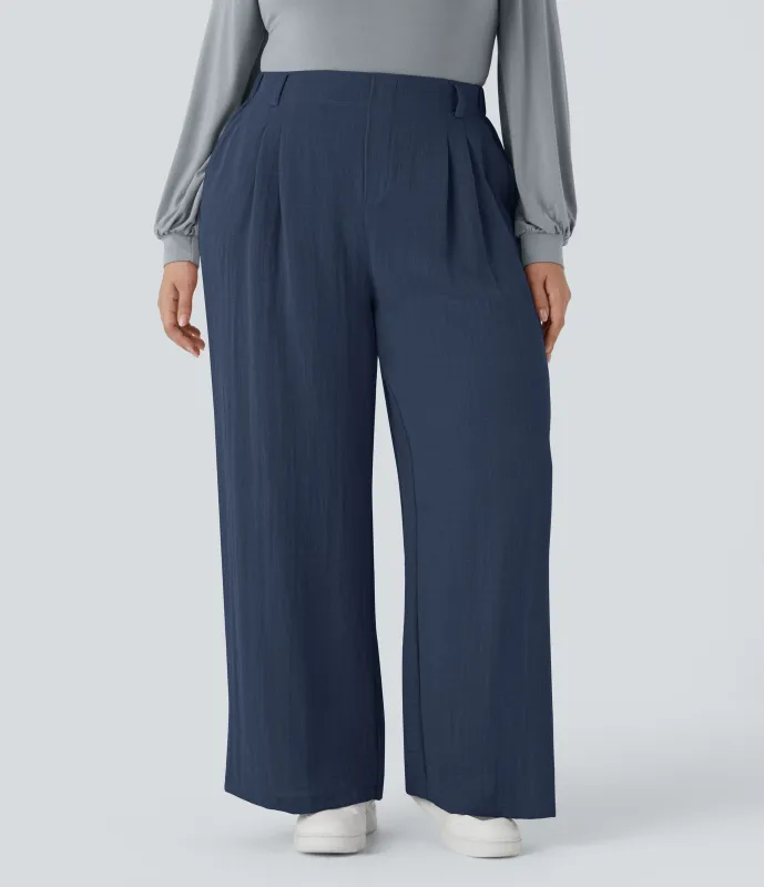 Halara Pantalón tiro alto bolsillo lateral plisado pierna ancha fluido tacto lino talla grande - Deep Secluded Blue - 1X(regular) made by Halara