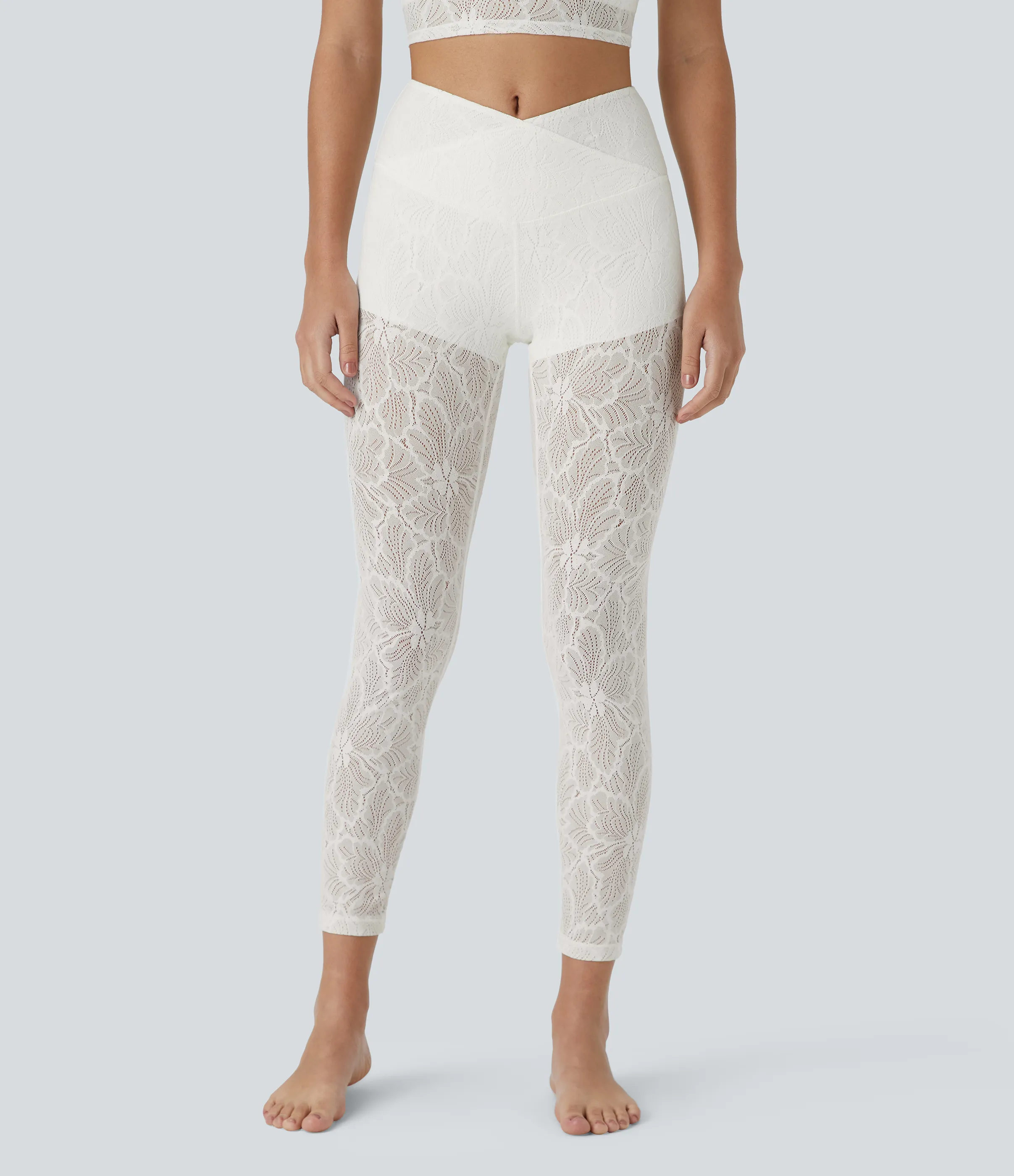 Halara Leggings encaje 7/8 2 en 1 cruzado tiro alto - White - XS(7/8) sold by Halara product image thumbnail 4