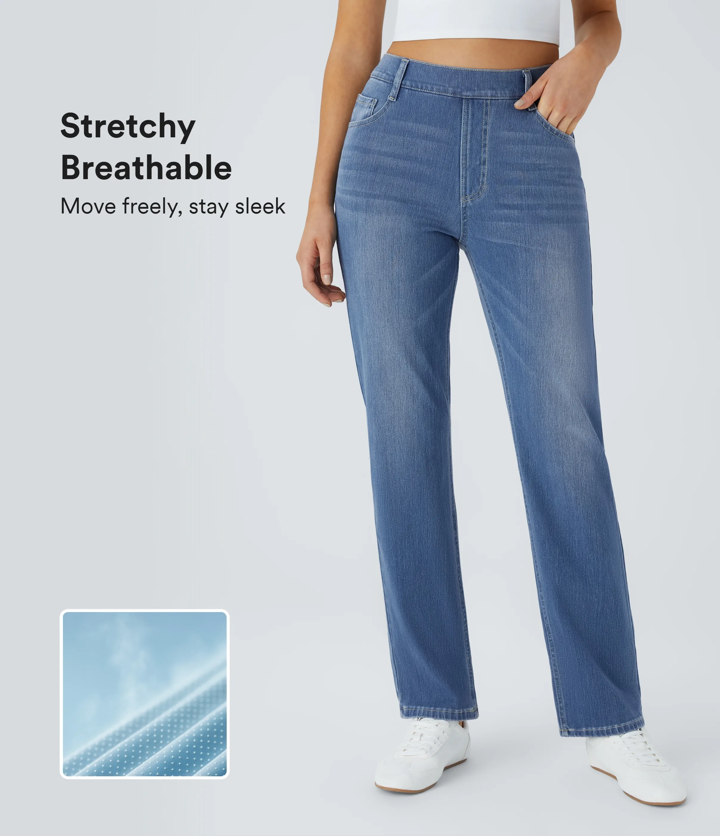 Halara Jeans Halara Flex™ Denim elásticos de tiro alto descoloridos con múltiples bolsillos - Blue Spruce Denim - XS(regular) sold by Halara