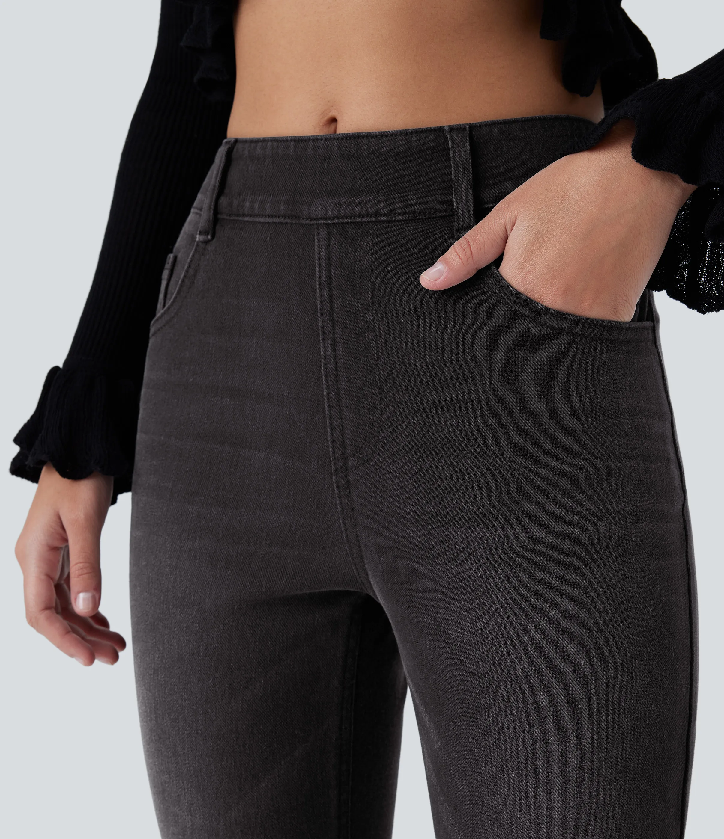 Halara Jeans Halara Flex™ Denim ajustado elástico múltiple bolsillo tiro medio - Deep Ink Black Denim - XS(regular) sold by Halara product image thumbnail 5