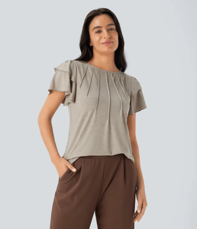 Halara Blusa manga corta cuello barco volante - Khaki Floral Yarn - XS sold by Halara