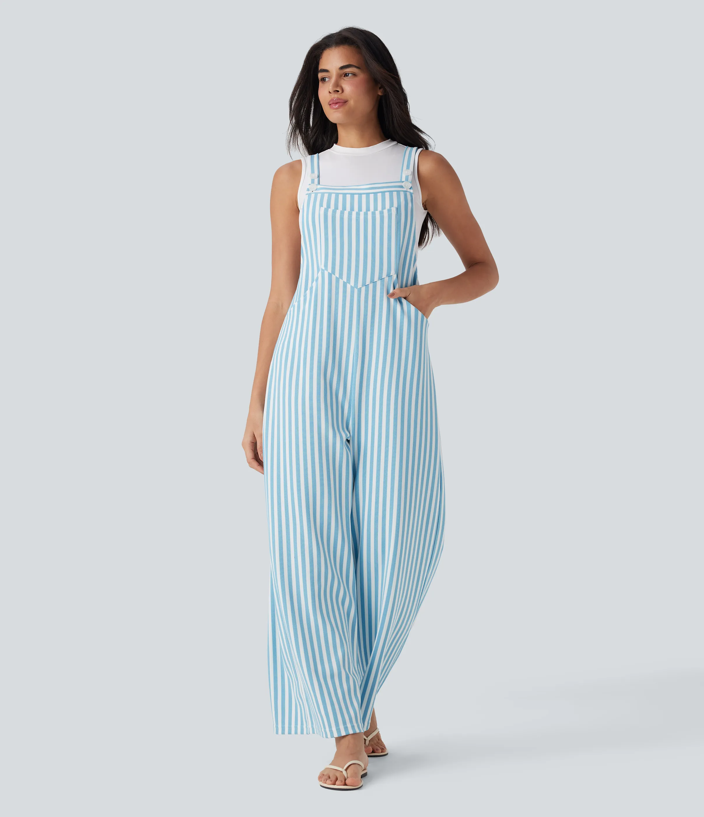 Halara Overol resort gofre raya múltiple bolsillo botón correa ajustable - Sky Stripe - S(regular) sold by Halara product image thumbnail 2