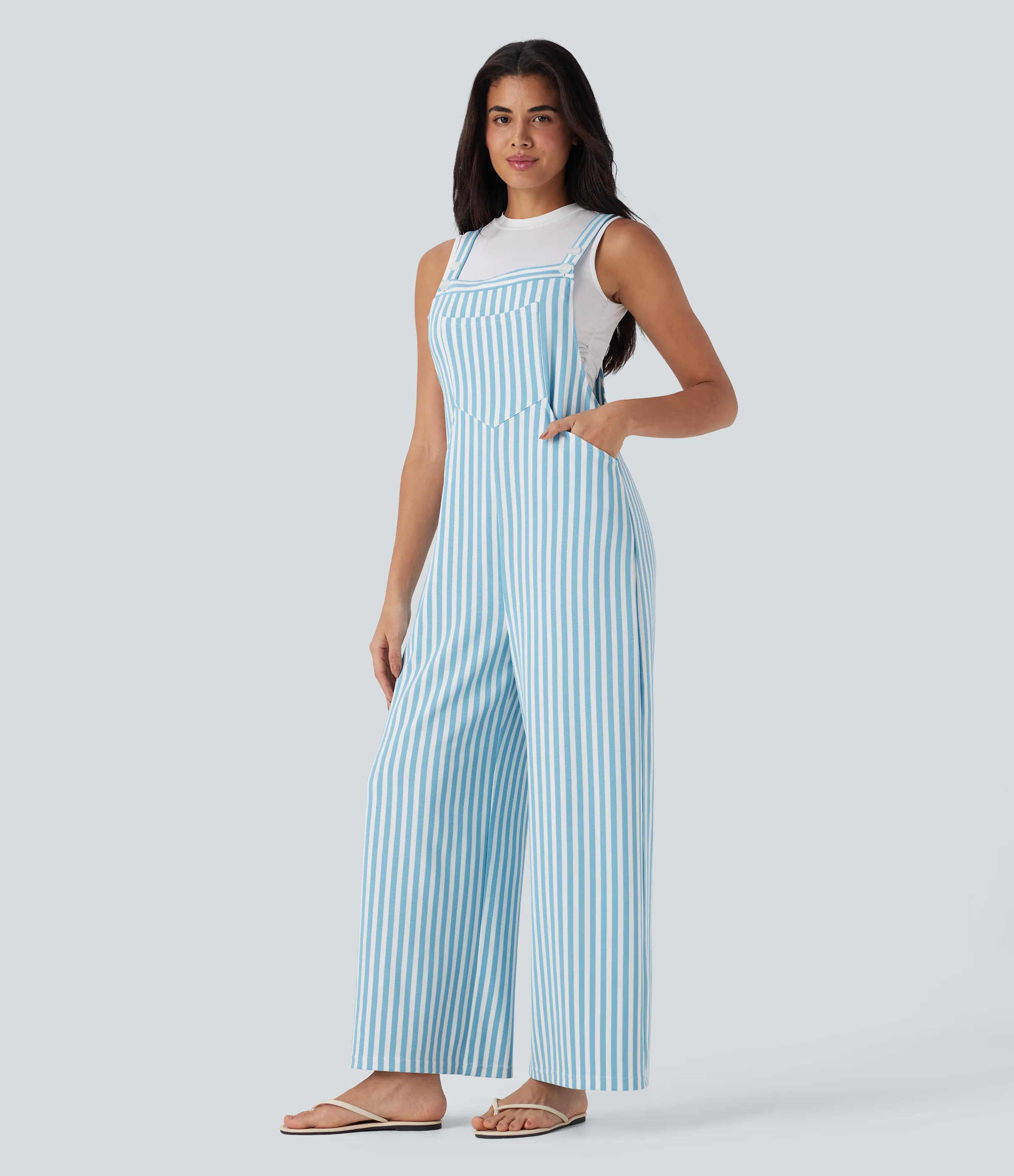 Halara Overol resort gofre raya múltiple bolsillo botón correa ajustable - Sky Stripe - S(regular) sold by Halara product image thumbnail 4