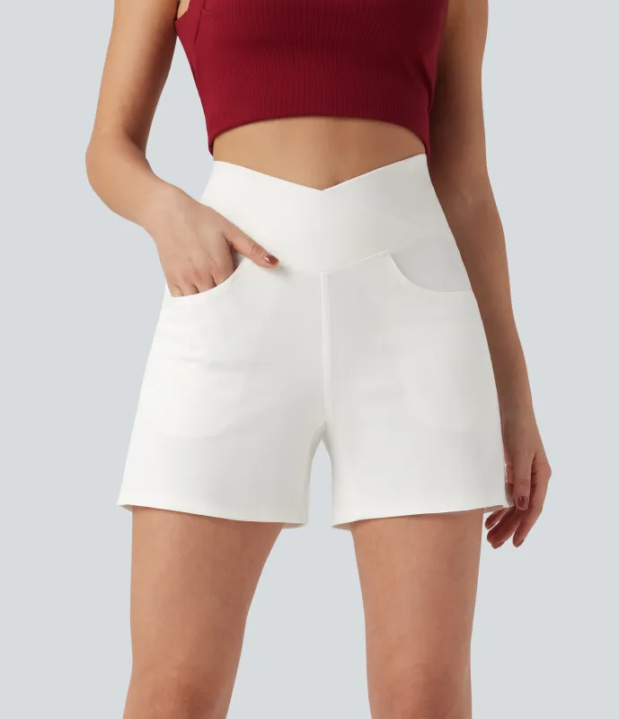 Halara Pantalón corto Halara Flex™ Denim mezclilla elástico lavado tiro alto múltiple bolsillo - Bright White Denim - XL(regular) sold by Halara