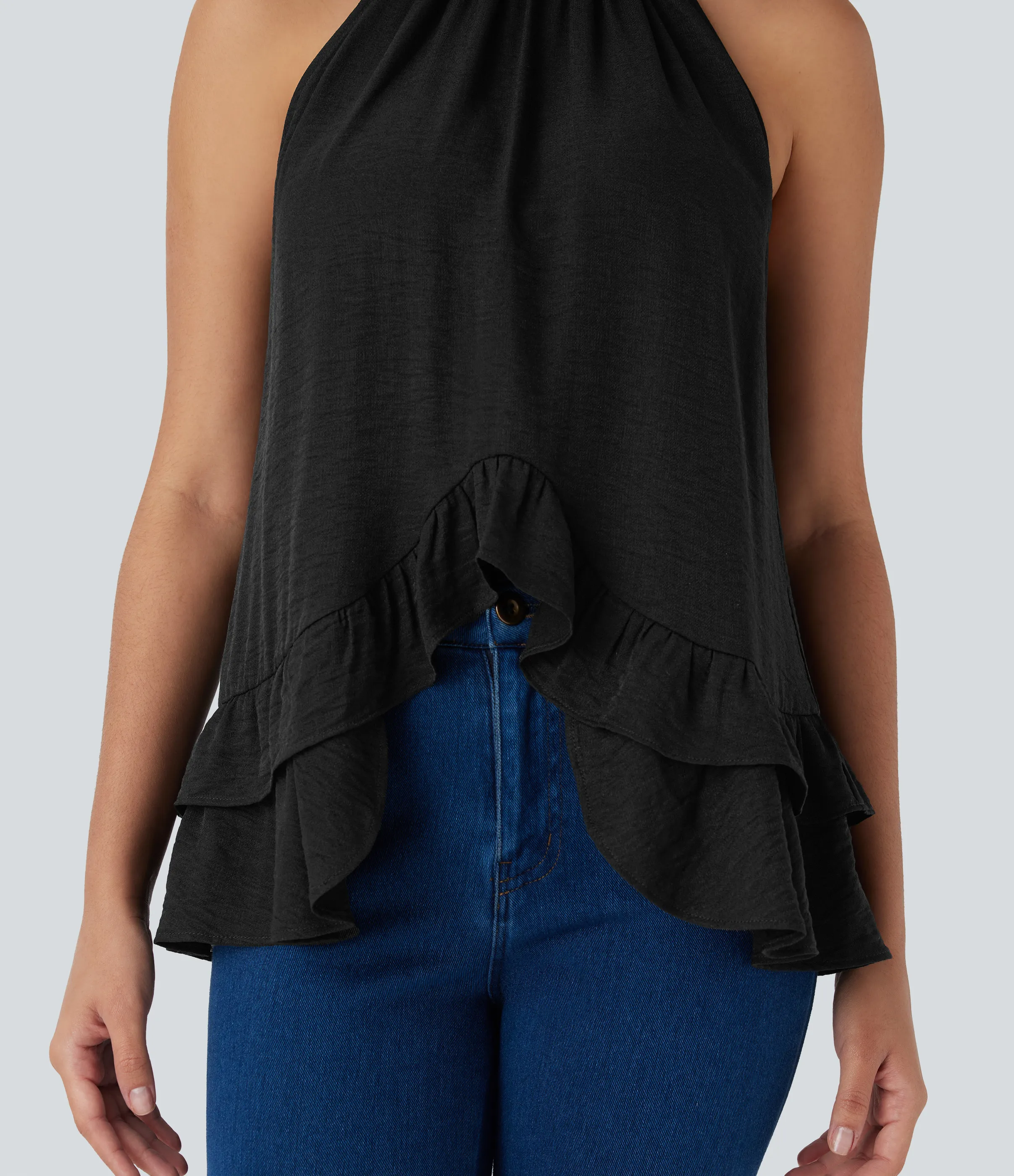 Halara Top asimétrico cuello alto sin mangas botón dobladillo volante - Black - XS sold by Halara product image thumbnail 5