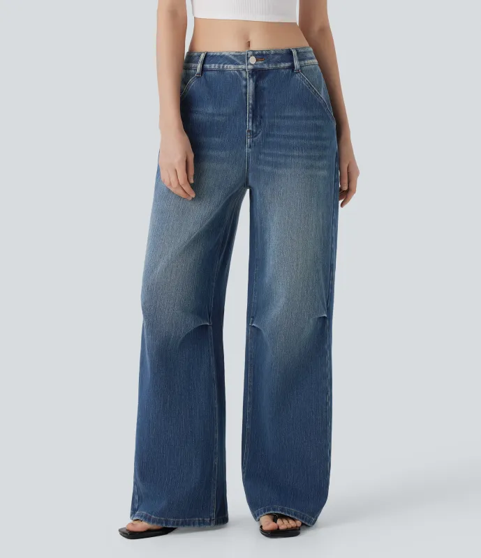 Halara Jeans Baggy Halara Flex™ Denim vaquero elástico tiro bajo estilo lavado pierna ancha múltiple bolsillo - Blue Surf Denim - S(regular) sold by Halara