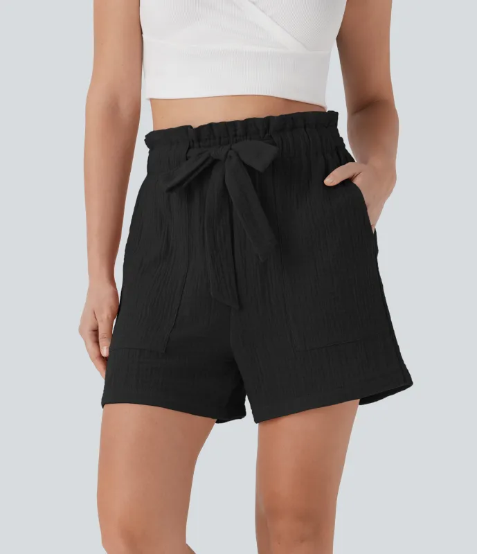 Halara Shorts casuales de algodón con tiro alto y bolsillos estilo paper bag con lazo frontal - Black - L(regular) sold by Halara