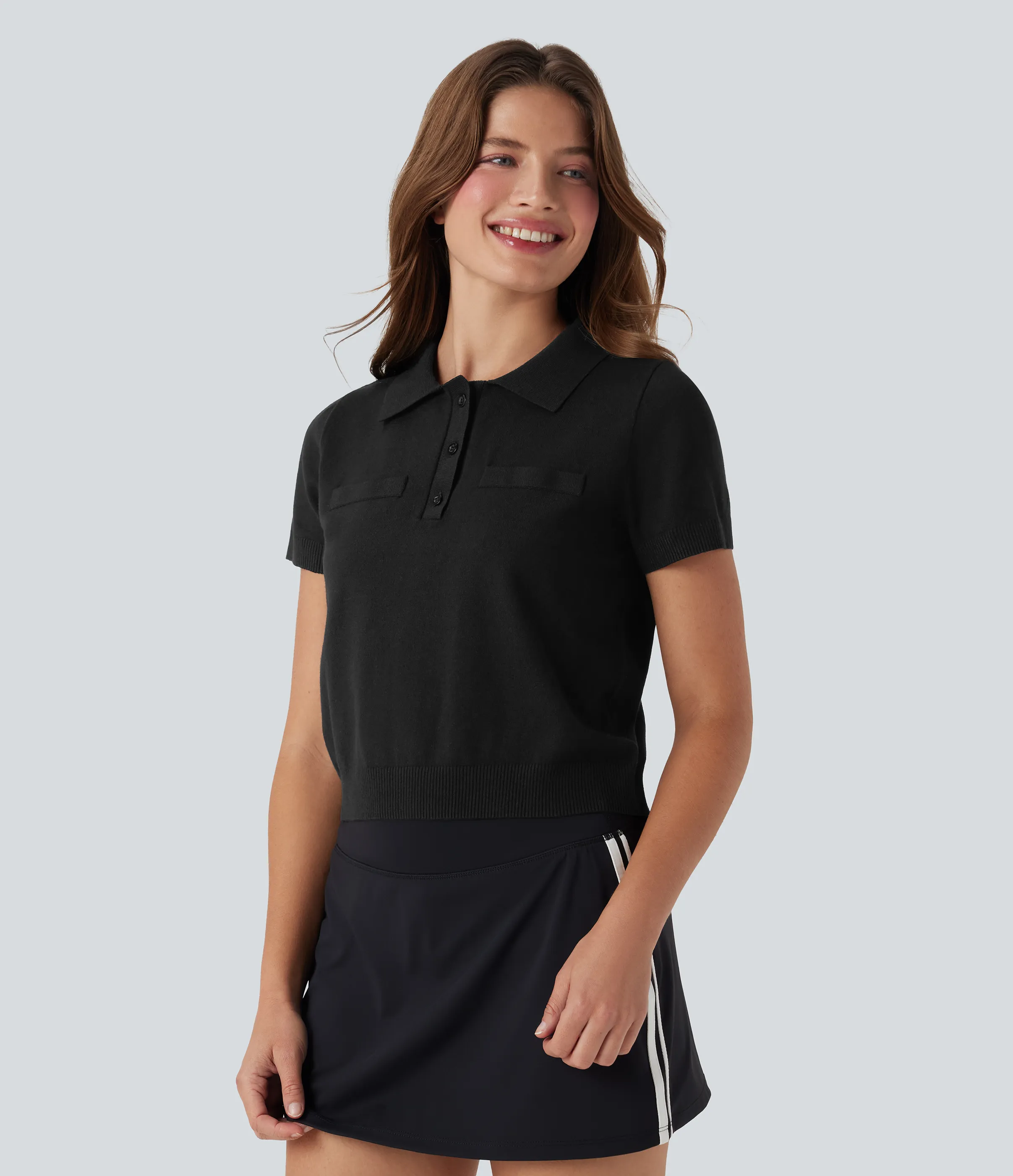 Halara Suéter casual de punto de manga corta con botones delanteros tipo polo - Black - XS sold by Halara product image thumbnail 4