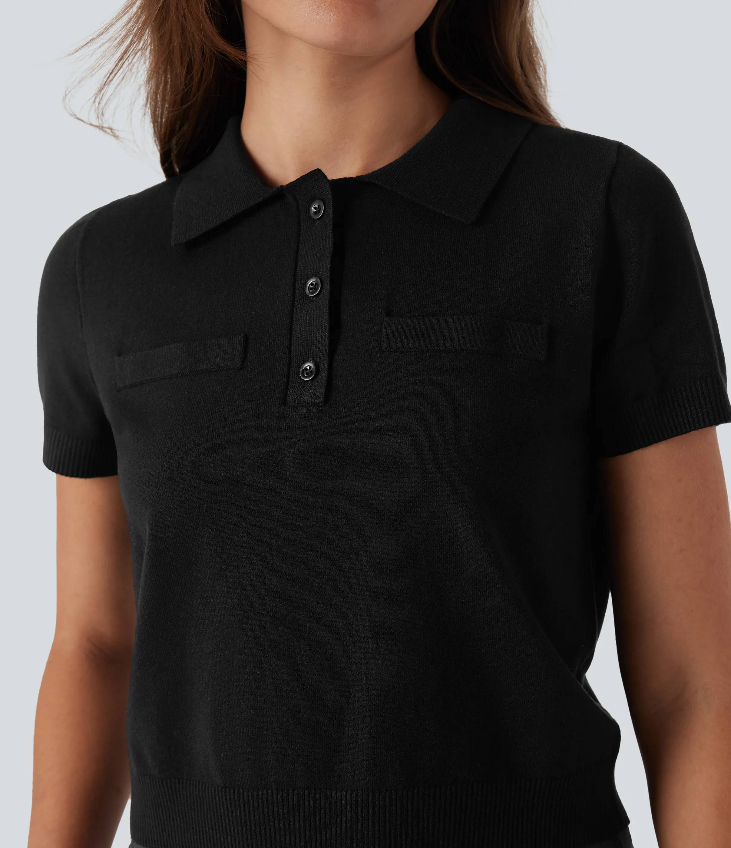 Halara Suéter casual de punto de manga corta con botones delanteros tipo polo - Black - XS sold by Halara product image thumbnail 5