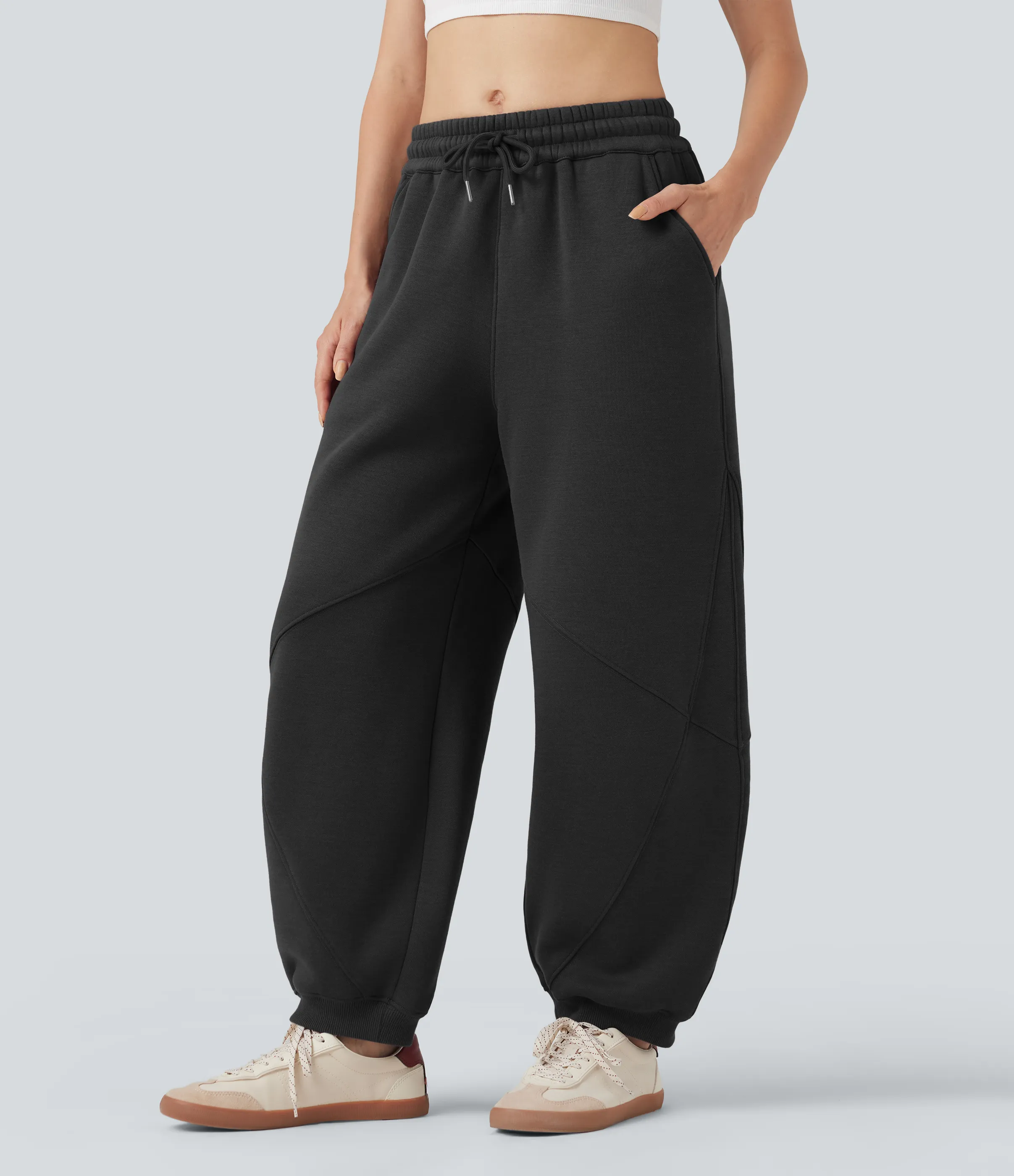 Halara Joggers casuales anchos de algodón polar con tiro medio y bolsillos - Black - L(regular) sold by Halara product image thumbnail 4