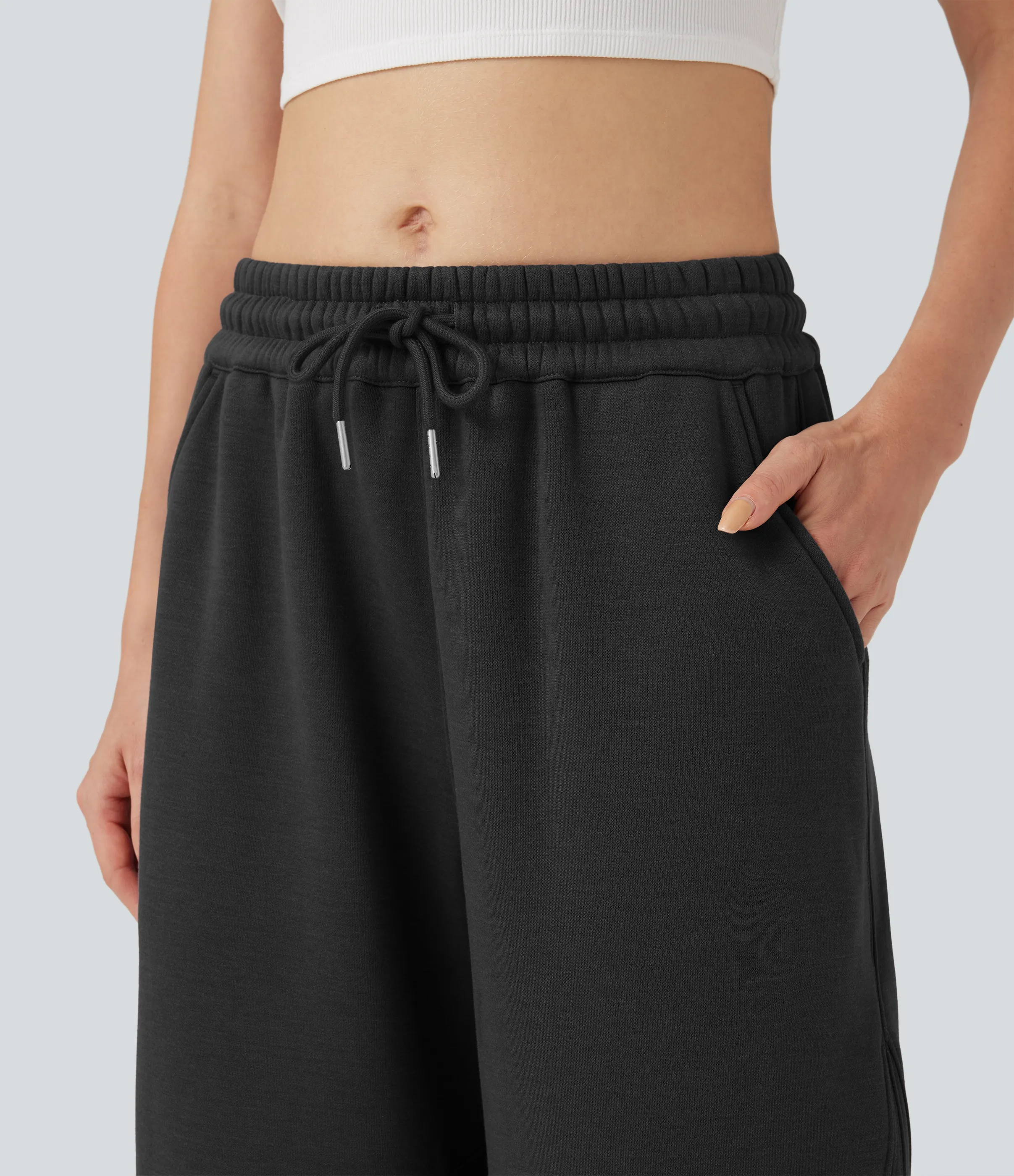 Halara Joggers casuales anchos de algodón polar con tiro medio y bolsillos - Black - L(regular) sold by Halara product image thumbnail 5