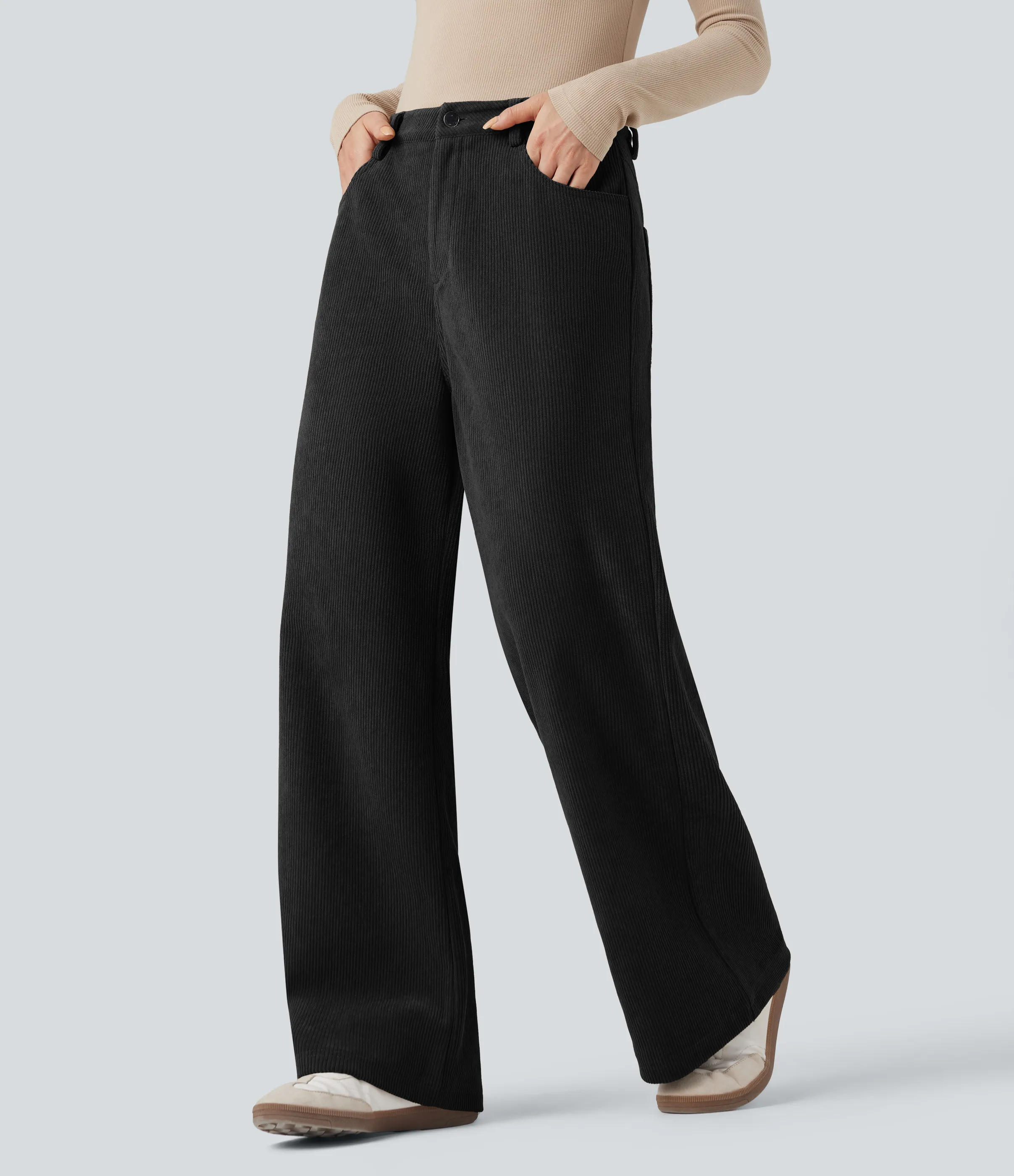 Halara Pantalones holgados casuales de pana de tiro alto con bolsillos - Black - S(regular) sold by Halara product image thumbnail 4