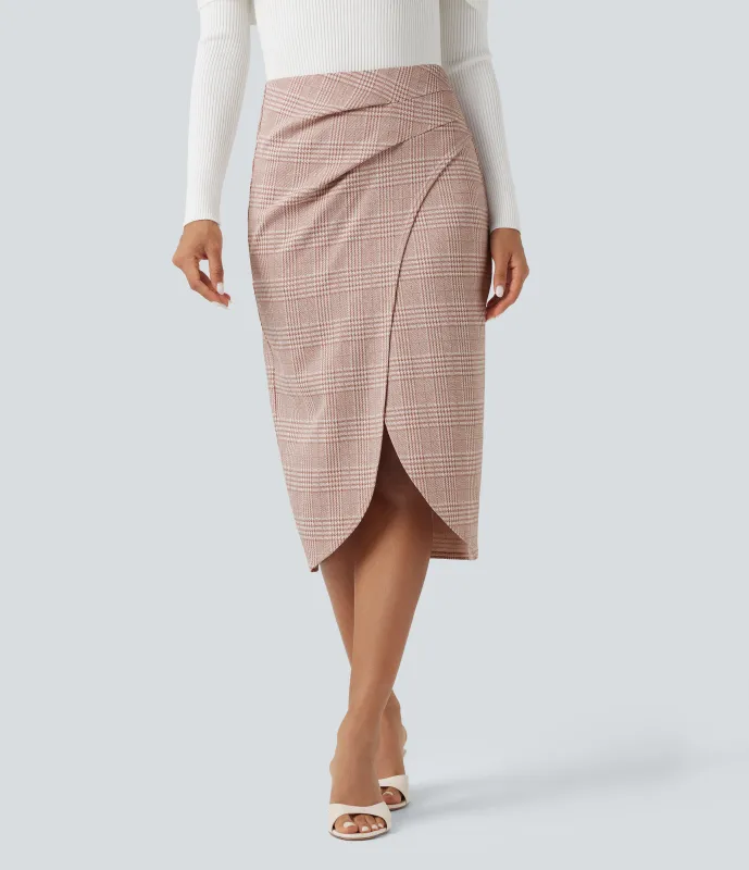 Halara Falda de oficina midi 2 en 1 de tiro alto con dobladillo tulipán y cuadros pata de gallo - Bean Paste Houndstooth Plaid - XS(regular) sold by Halara