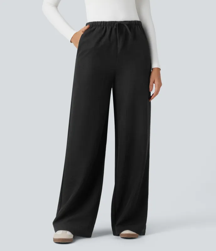 Halara Pantalones casuales anchos de lino resistente a arrugas con tiro alto, cordón ajustable y bolsillos - Black - XL(regular) sold by Halara