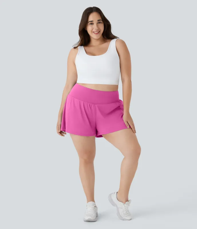 Halara Pantalón corto talla grande yoga 2 en 1 tiro súper alto bolsillo trasero oculto lateral más largo 10cm - Fuchsia Fedora - 3X(Long) made by Halara