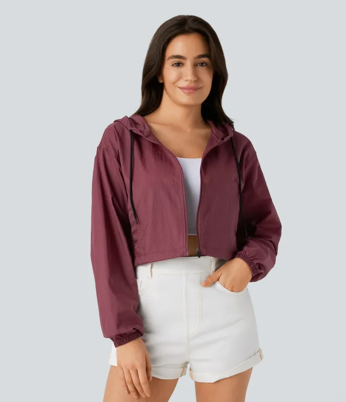 Halara Chaqueta corta capucha cordón ajustable manga larga bolsillo lateral cremallera - UPF 40+ - Chocolate Truffle - XL sold by Halara