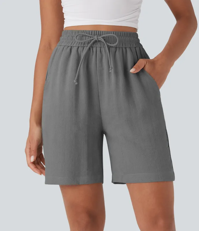 Halara Shorts casuales de lino con tiro alto y cordón ajustable con bolsillos laterales - Steel Gray - L sold by Halara