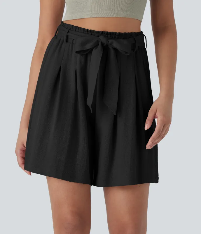 Halara Bermudas casuales de lino de tiro alto con cinturón y bolsillos laterales - Black - XS sold by Halara