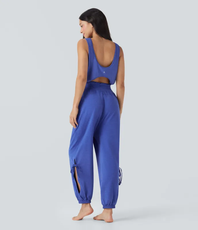 Halara Mono de yoga sin mangas con espalda descubierta, cordón, abertura y bolsillos - Mottled Glass Blue - L(regular) made by Halara