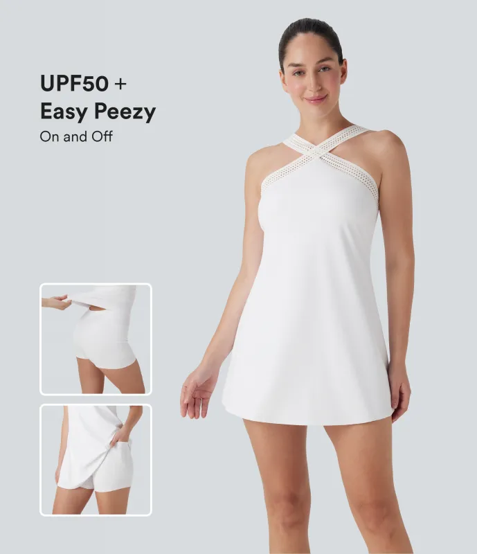 Halara Vestido corto de yoga 2 en 1 Softlyzero™ Airy con escote halter, espalda descubierta, tacto fresco con bolsillos laterales - Edición Easy Peezy UPF 50+ - White - M made by Halara