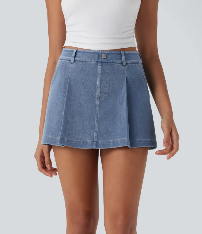 Halara Falda pantalón casual Halara Flex™ de mezclilla elástica lavada 2 en 1 de tiro alto con bolsillos - Malibu Blue Denim - S(regular) sold by Halara