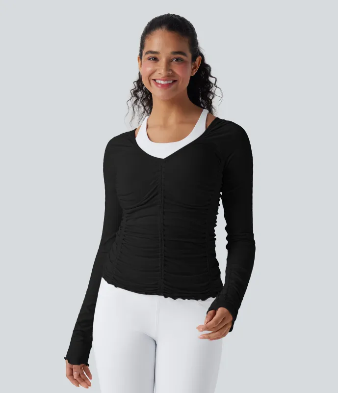 Halara Top deportivo de yoga fruncido con ribete y sin costuras - Black - XS sold by Halara