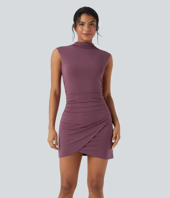 Halara Vestido mini ajustado sin mangas con fruncido, escote cerrado y dobladillo cruzado - Tulipwood - L sold by Halara