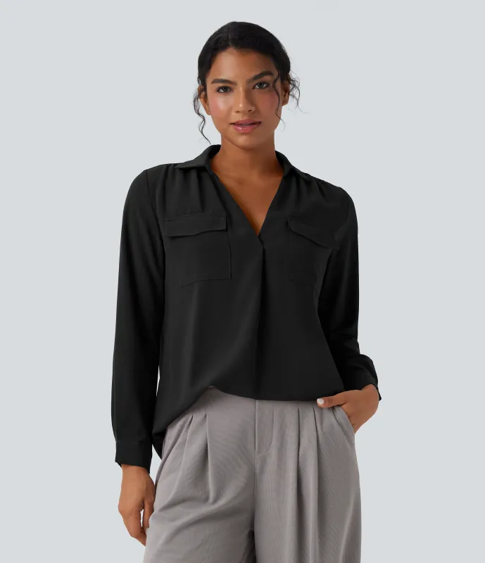 Halara Camisa de oficina de manga larga con cuello en V y bolsillos - Black - XS sold by Halara