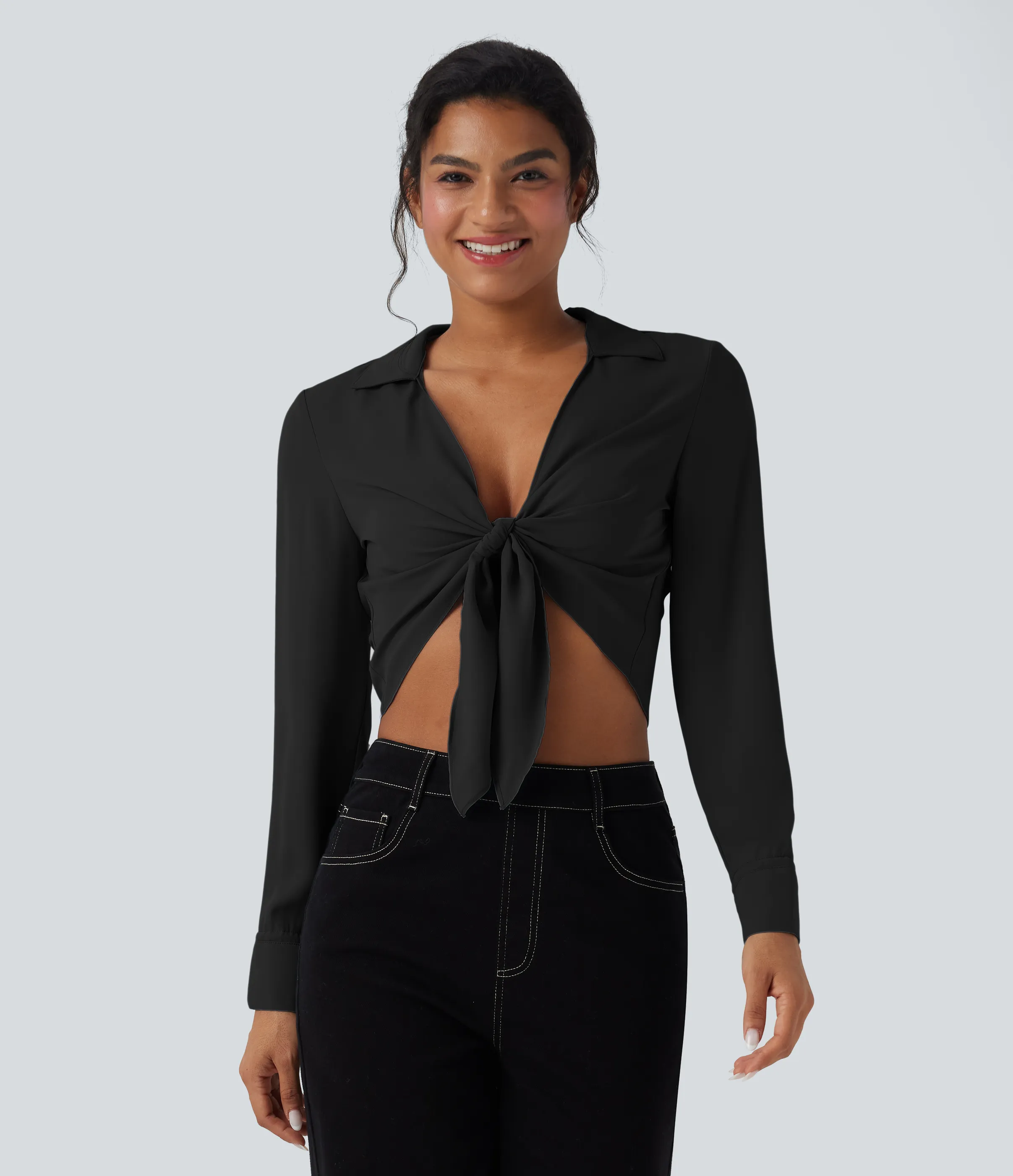Halara Blusa casual corta de manga larga con lazo delantero - Black - S sold by Halara