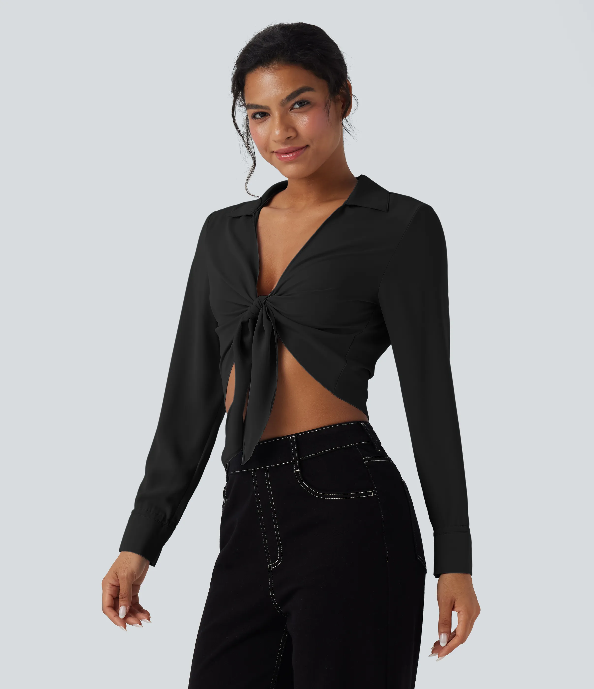 Halara Blusa casual corta de manga larga con lazo delantero - Black - S sold by Halara product image thumbnail 4