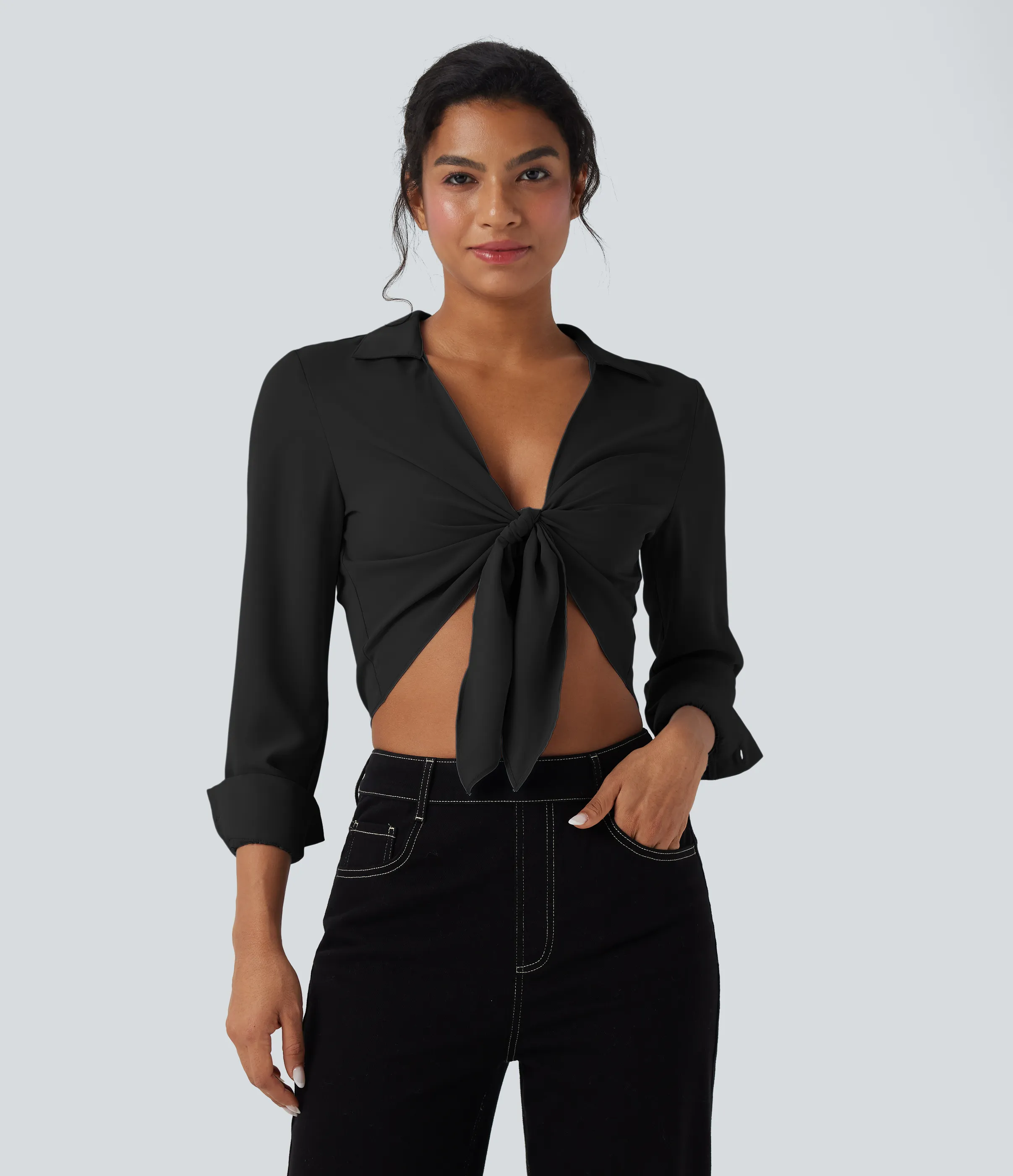 Halara Blusa casual corta de manga larga con lazo delantero - Black - S sold by Halara product image thumbnail 5