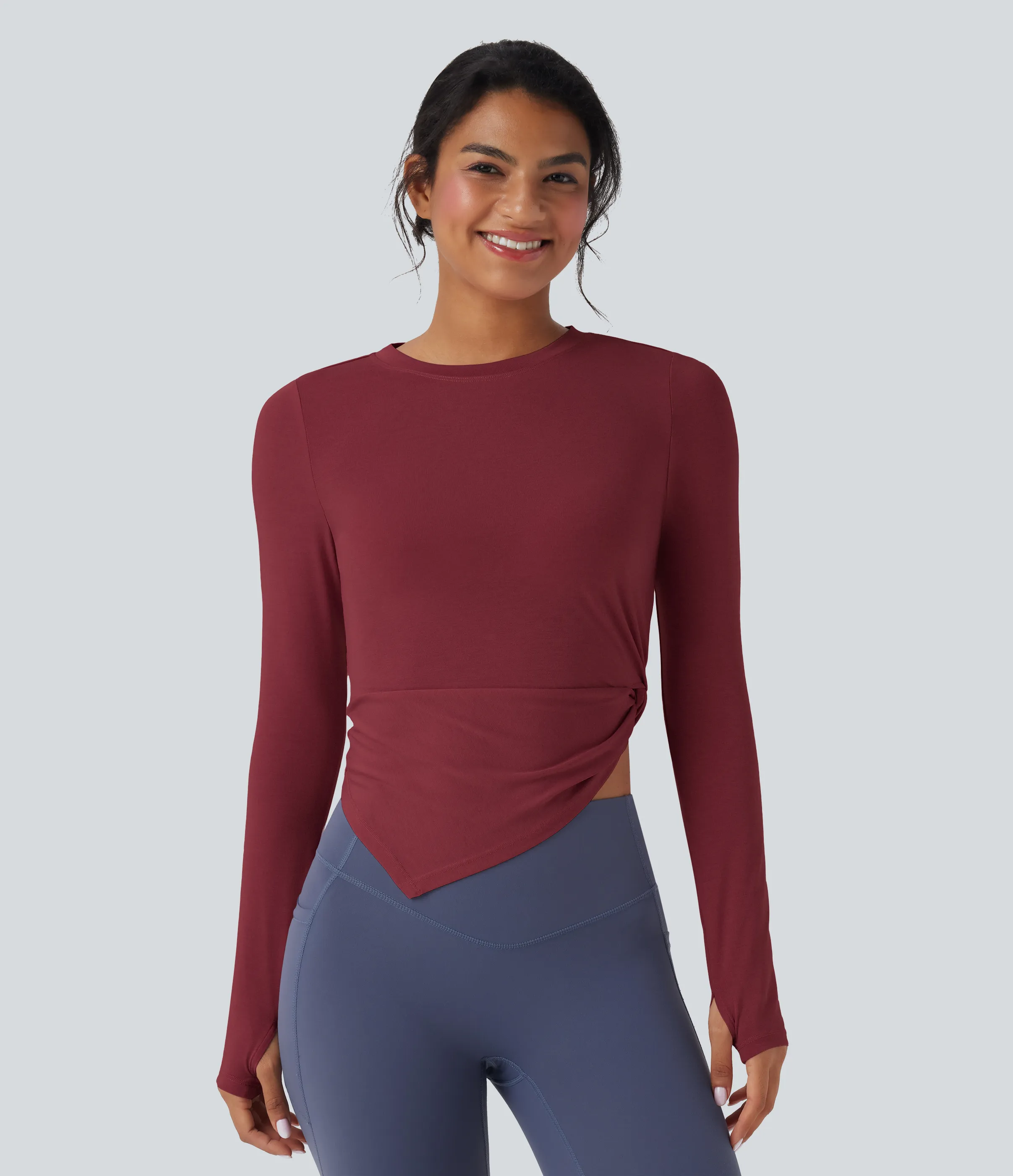 Halara Top deportivo de yoga asimétrico de manga larga con abertura para el pulgar y secado rápido - Tibetan Red - XL sold by Halara product image thumbnail 4