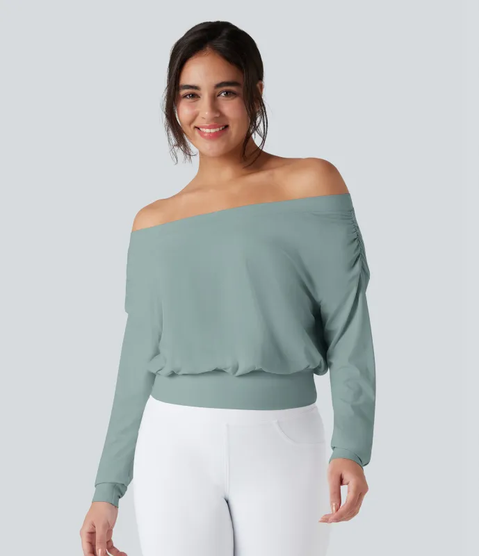 Halara Top deportivo de yoga de secado rápido extragrande con hombros descubiertos y tacto fresco - Blue Surf - S sold by Halara