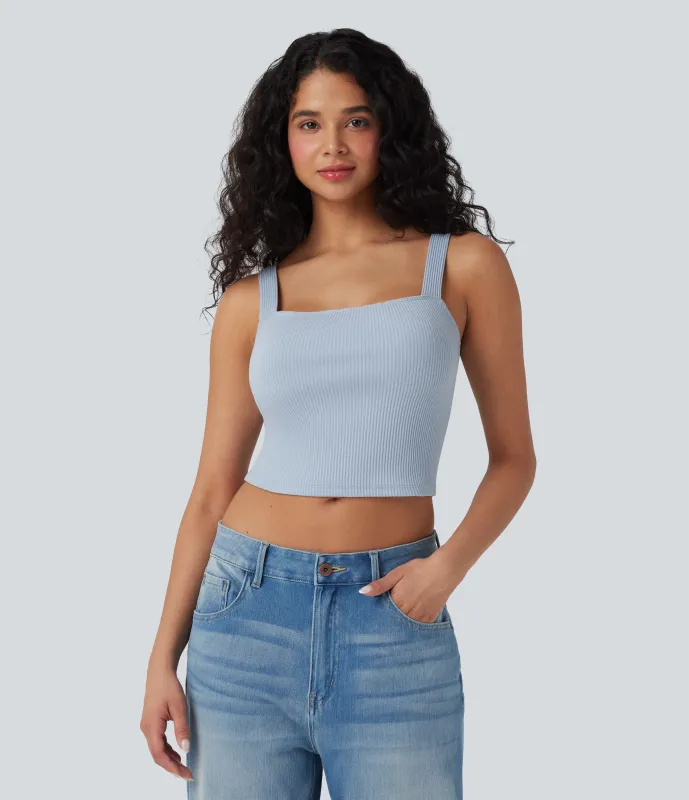Halara Top corto casual de tirantes con cuello cuadrado y punto acanalado - Niagara Mist - XL made by Halara