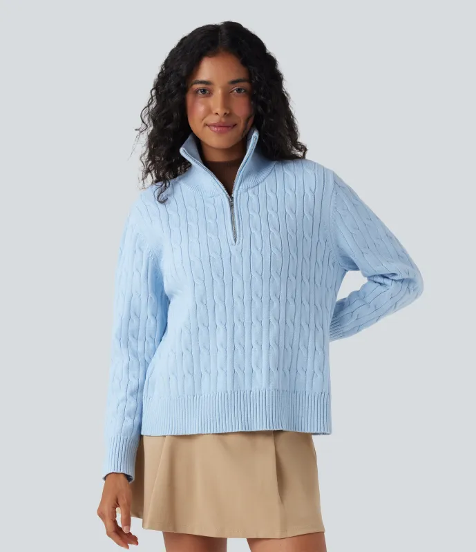 Halara Suéter de oficina de punto trenzado con cuello alto y media cremallera - Cool Blue - M sold by Halara