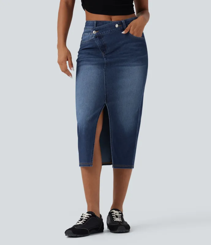 Halara Falda vaquera casual Halara Flex™ ajustada y asimétrica de tiro medio con abertura y bolsillos - Estate Blue Denim - XS(regular) sold by Halara