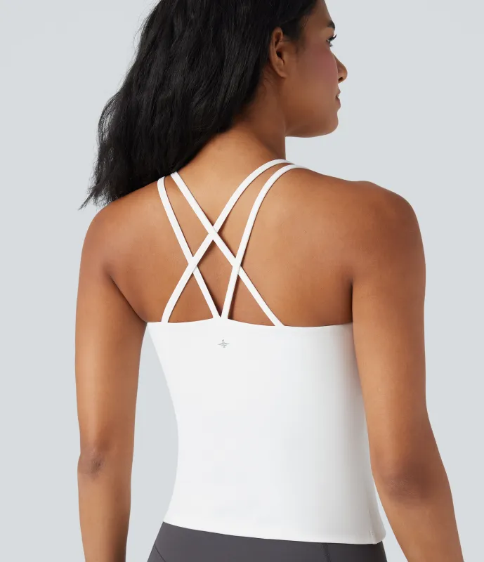 Halara Camiseta de yoga SoftlyZero™ con tirantes dobles de felpa y espalda cruzada (largo) - White - L(Long) sold by Halara