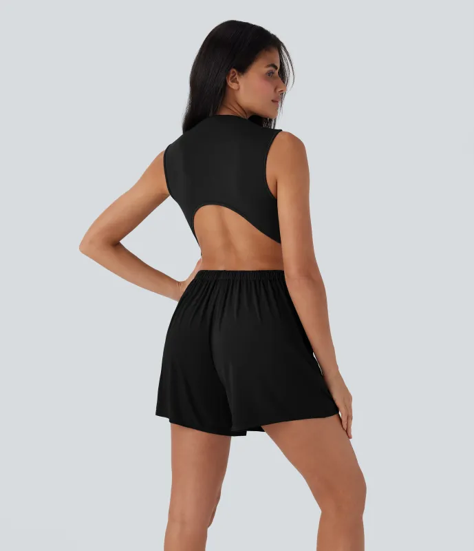 Halara Mono casual sin mangas con cuello alto y espalda descubierta con bolsillos - Easy Peezy - Black - M sold by Halara