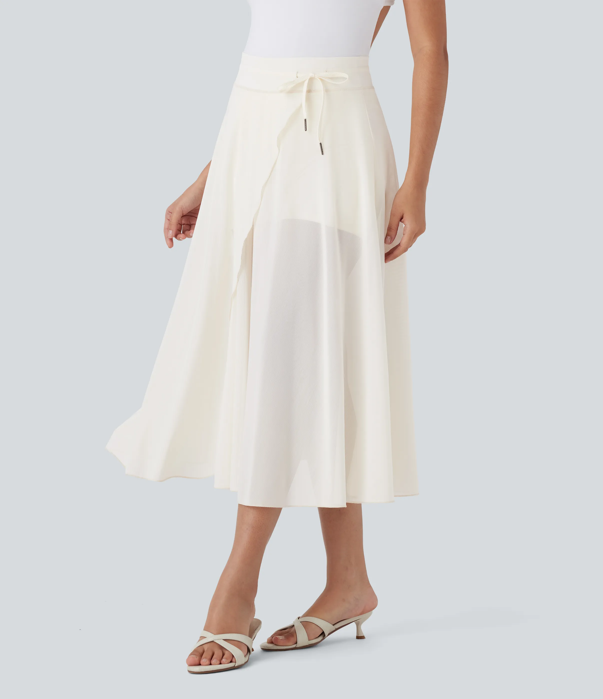 Halara Falda midi casual 2 en 1 acampanada con bolsillo lateral de tiro alto con cordón y malla en contraste - Cloud Dancer - XS sold by Halara product image thumbnail 2