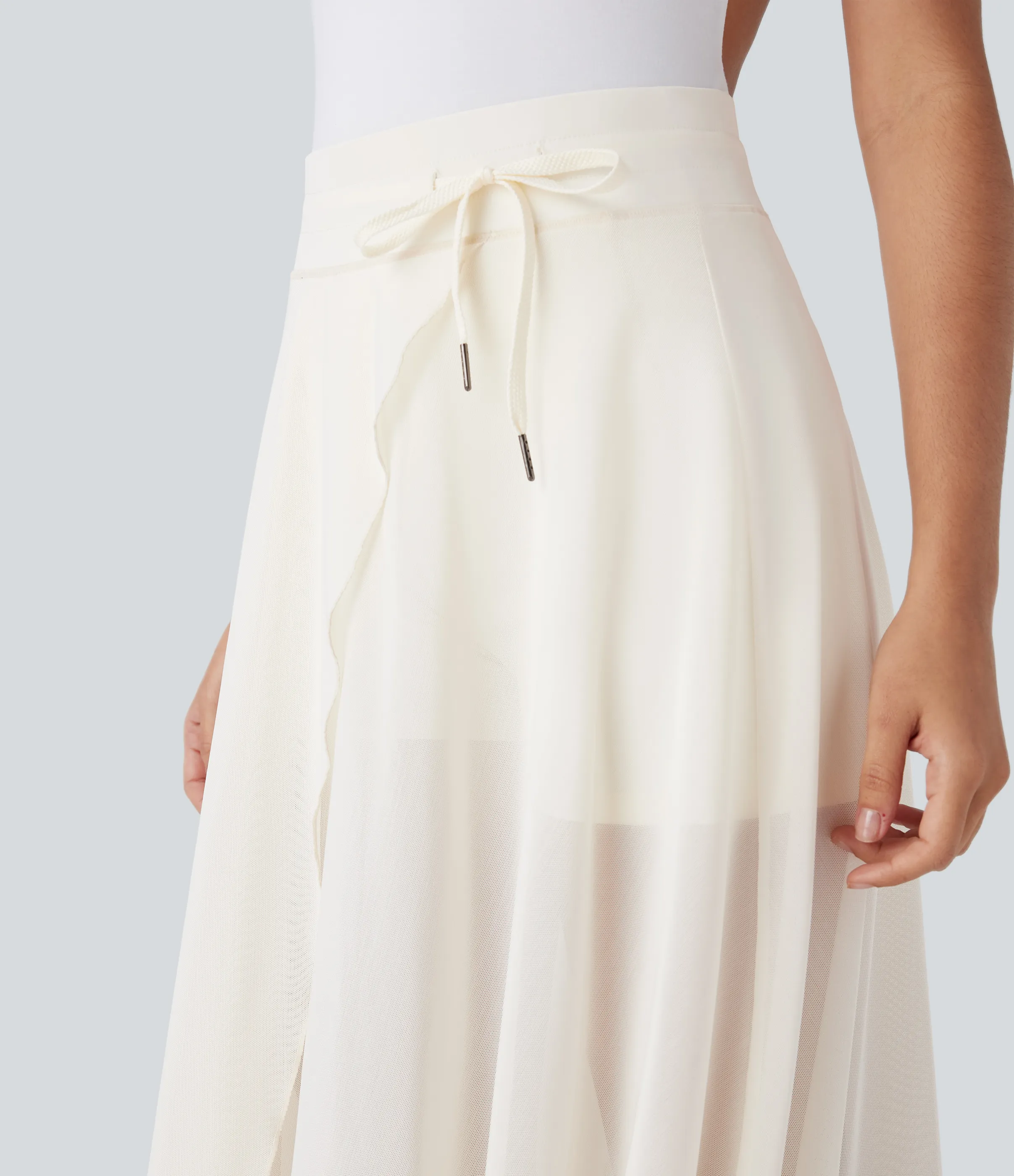 Halara Falda midi casual 2 en 1 acampanada con bolsillo lateral de tiro alto con cordón y malla en contraste - Cloud Dancer - XS sold by Halara product image thumbnail 5