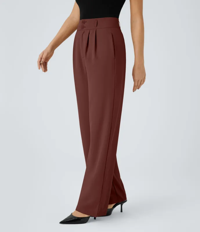 Halara Pantalón oficina tiro alto botón cremallera bolsillo lateral fruncido pierna recta - Biking Red - M(petite) sold by Halara