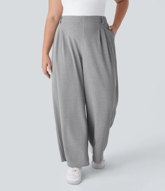 Halara Pantalón Halara Flex™ oficina tiro alto pliegue bolsillo lateral pierna ancha gofre talla grande - Waffle Gray - 2X(regular) sold by Halara