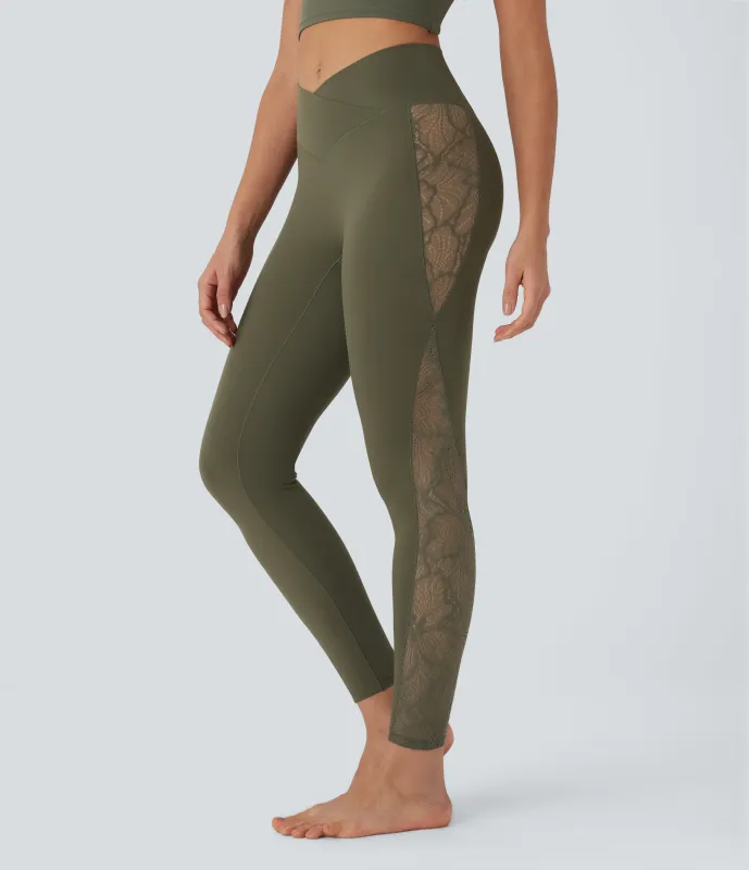 Halara Leggings Softlyzero™ yoga tiro alto encaje contrastante bolsillo trasero cruzado 7/8 pulgada - UPF50+ - Grass Grey Green - XS(7/8) sold by Halara